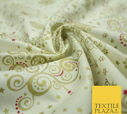 Cream Festive Metallic Gold Ornate Christmas Tree Stars 100% Cotton Fabric 5007
