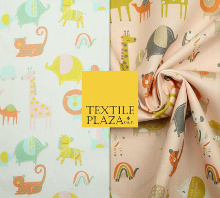 White Peach Fun Safari Animals Printed 100% ORGANIC COTTON POPLIN Fabric 58"