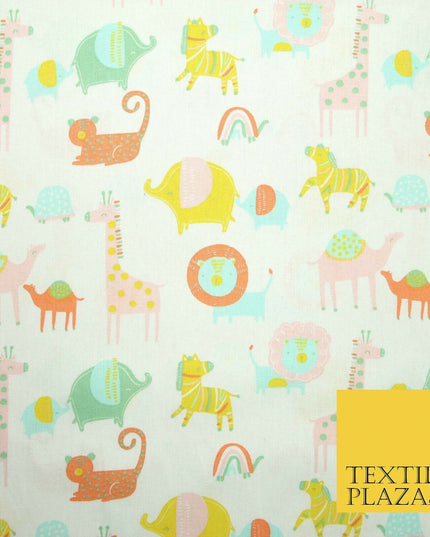 White Peach Fun Safari Animals Printed 100% ORGANIC COTTON POPLIN Fabric 58"