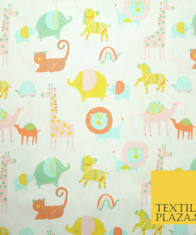 White Peach Fun Safari Animals Printed 100% ORGANIC COTTON POPLIN Fabric 58"