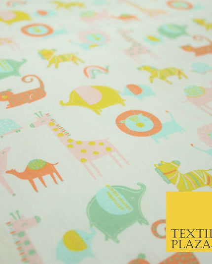 White Peach Fun Safari Animals Printed 100% ORGANIC COTTON POPLIN Fabric 58"