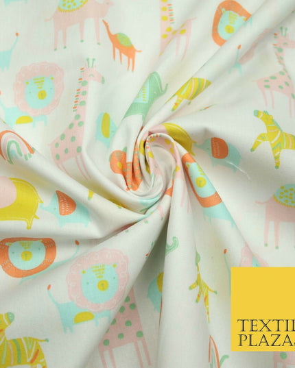 White Peach Fun Safari Animals Printed 100% ORGANIC COTTON POPLIN Fabric 58"