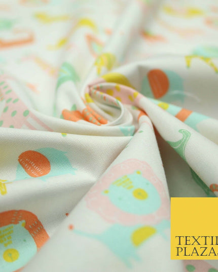 White Peach Fun Safari Animals Printed 100% ORGANIC COTTON POPLIN Fabric 58"