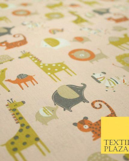White Peach Fun Safari Animals Printed 100% ORGANIC COTTON POPLIN Fabric 58"