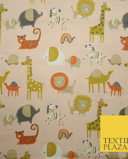 White Peach Fun Safari Animals Printed 100% ORGANIC COTTON POPLIN Fabric 58"