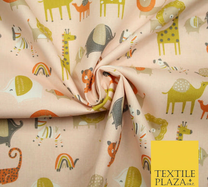 White Peach Fun Safari Animals Printed 100% ORGANIC COTTON POPLIN Fabric 58"