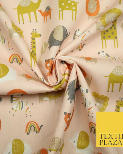 White Peach Fun Safari Animals Printed 100% ORGANIC COTTON POPLIN Fabric 58"