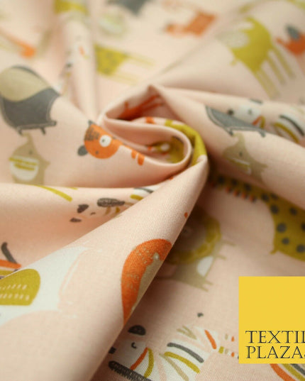 White Peach Fun Safari Animals Printed 100% ORGANIC COTTON POPLIN Fabric 58"