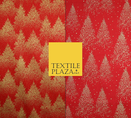 Red Festive Mini Gold Stars Scatter Christmas Trees 100% Cotton Fabric 56" Wide