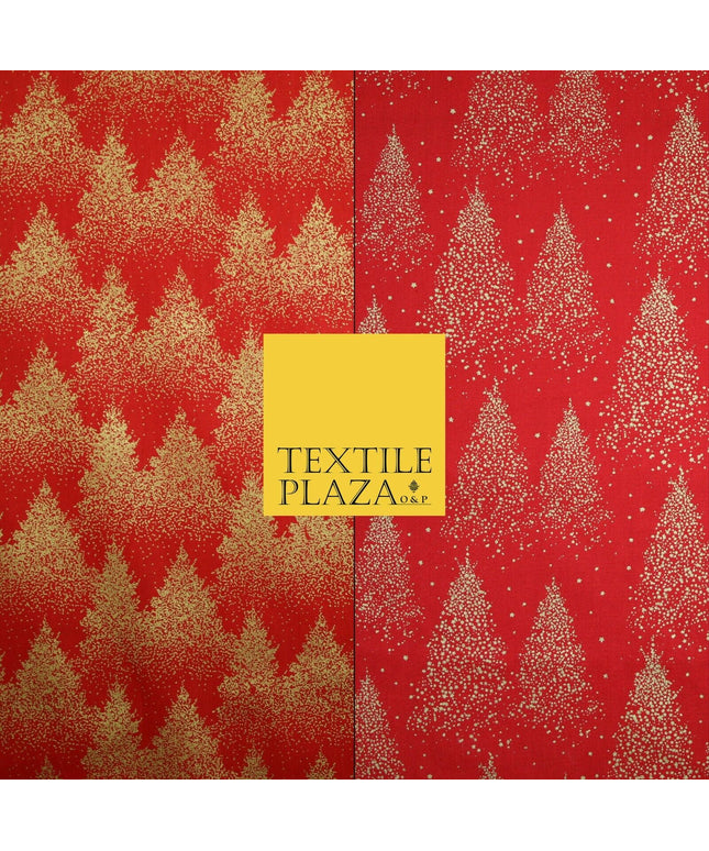 Red Festive Mini Gold Stars Scatter Christmas Trees 100% Cotton Fabric 56" Wide
