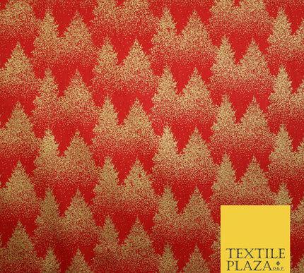 Red Festive Mini Gold Stars Scatter Christmas Trees 100% Cotton Fabric 56" Wide