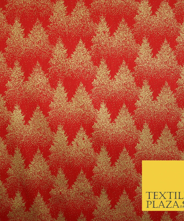 Red Festive Mini Gold Stars Scatter Christmas Trees 100% Cotton Fabric 56" Wide