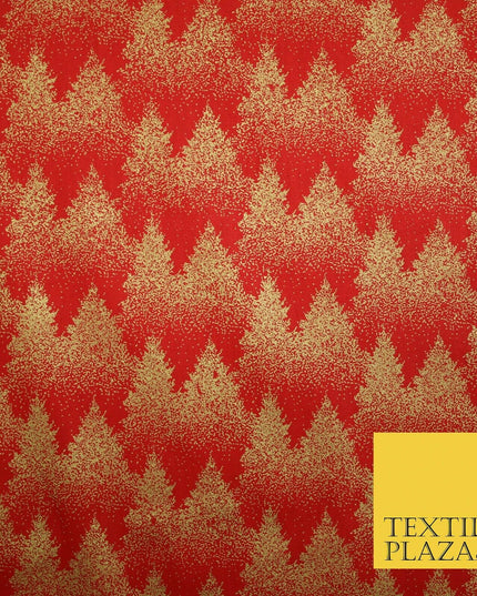 Red Festive Mini Gold Stars Scatter Christmas Trees 100% Cotton Fabric 56" Wide