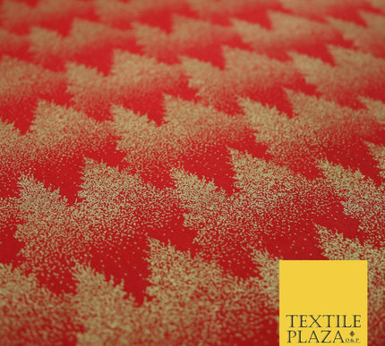 Red Festive Mini Gold Stars Scatter Christmas Trees 100% Cotton Fabric 56" Wide