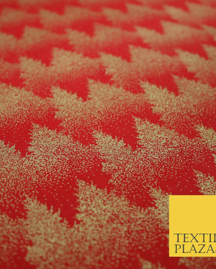 Red Festive Mini Gold Stars Scatter Christmas Trees 100% Cotton Fabric 56" Wide