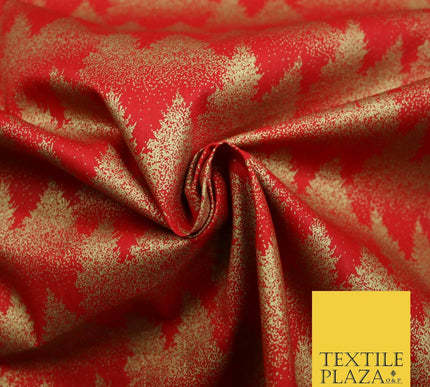 Red Festive Mini Gold Stars Scatter Christmas Trees 100% Cotton Fabric 56" Wide
