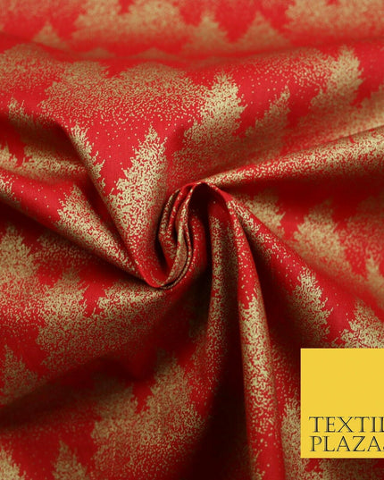 Red Festive Mini Gold Stars Scatter Christmas Trees 100% Cotton Fabric 56" Wide