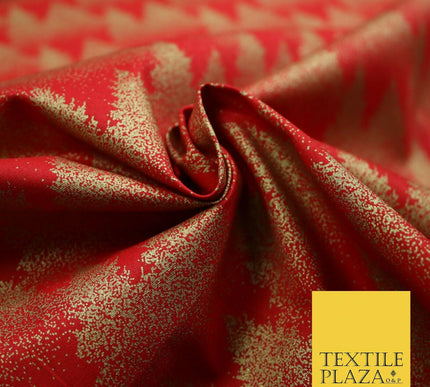 Red Festive Mini Gold Stars Scatter Christmas Trees 100% Cotton Fabric 56" Wide