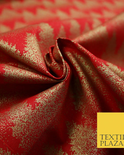 Red Festive Mini Gold Stars Scatter Christmas Trees 100% Cotton Fabric 56" Wide