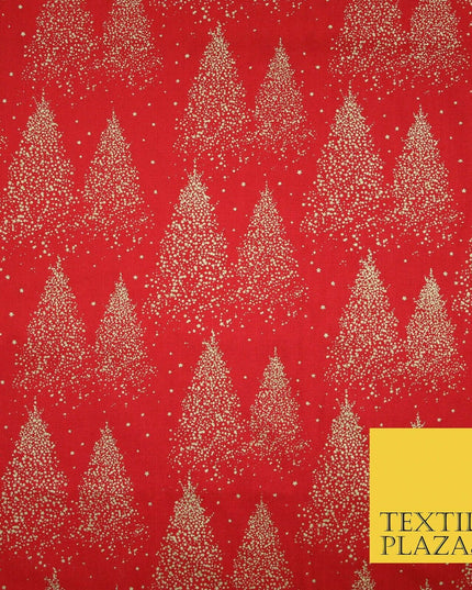 Red Festive Mini Gold Stars Scatter Christmas Trees 100% Cotton Fabric 56" Wide