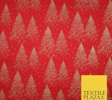Red Festive Mini Gold Stars Scatter Christmas Trees 100% Cotton Fabric 56" Wide