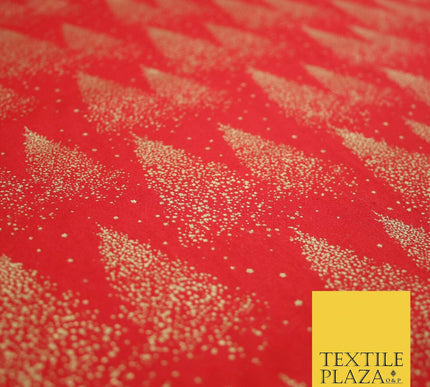 Red Festive Mini Gold Stars Scatter Christmas Trees 100% Cotton Fabric 56" Wide
