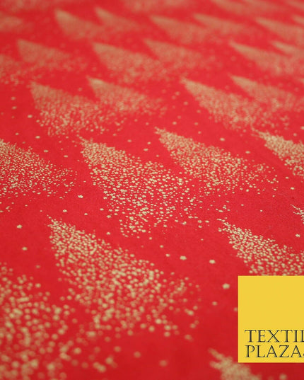 Red Festive Mini Gold Stars Scatter Christmas Trees 100% Cotton Fabric 56" Wide