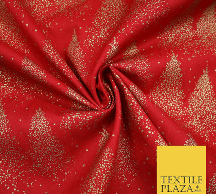 Red Festive Mini Gold Stars Scatter Christmas Trees 100% Cotton Fabric 56" Wide