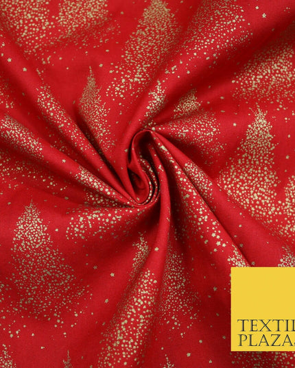 Red Festive Mini Gold Stars Scatter Christmas Trees 100% Cotton Fabric 56" Wide