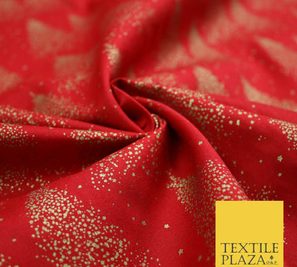 Red Festive Mini Gold Stars Scatter Christmas Trees 100% Cotton Fabric 56" Wide