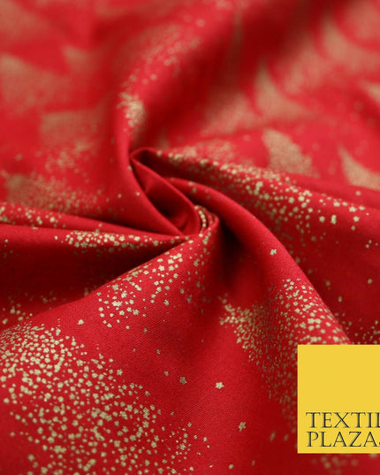 Red Festive Mini Gold Stars Scatter Christmas Trees 100% Cotton Fabric 56" Wide