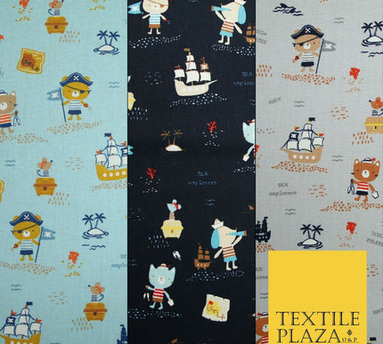 Fun Kids Ahoy Animal Pirates Printed 100% ORGANIC COTTON POPLIN Fabric 3 COLOURS
