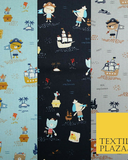 Fun Kids Ahoy Animal Pirates Printed 100% ORGANIC COTTON POPLIN Fabric 3 COLOURS