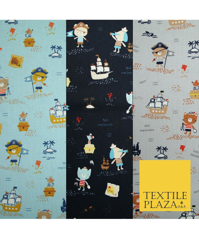 Fun Kids Ahoy Animal Pirates Printed 100% ORGANIC COTTON POPLIN Fabric 3 COLOURS