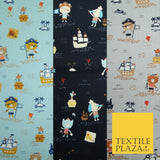 Fun Kids Ahoy Animal Pirates Printed 100% ORGANIC COTTON POPLIN Fabric 3 COLOURS