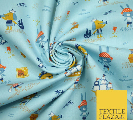 Fun Kids Ahoy Animal Pirates Printed 100% ORGANIC COTTON POPLIN Fabric 3 COLOURS