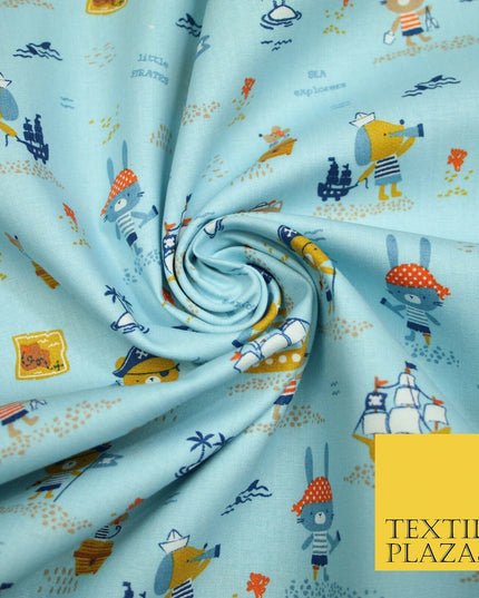 Fun Kids Ahoy Animal Pirates Printed 100% ORGANIC COTTON POPLIN Fabric 3 COLOURS