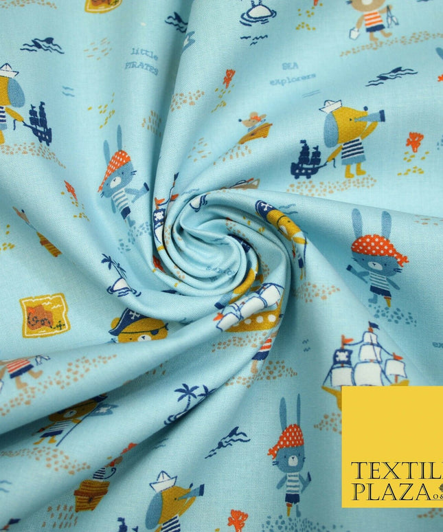 Fun Kids Ahoy Animal Pirates Printed 100% ORGANIC COTTON POPLIN Fabric 3 COLOURS