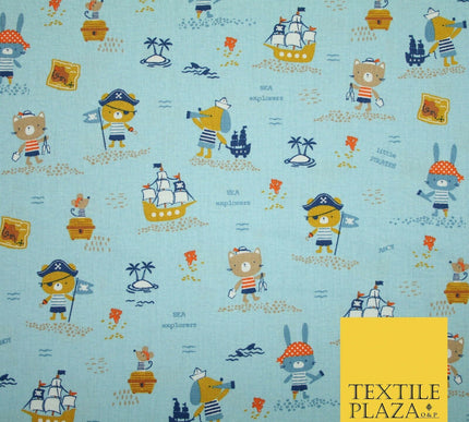 Fun Kids Ahoy Animal Pirates Printed 100% ORGANIC COTTON POPLIN Fabric 3 COLOURS
