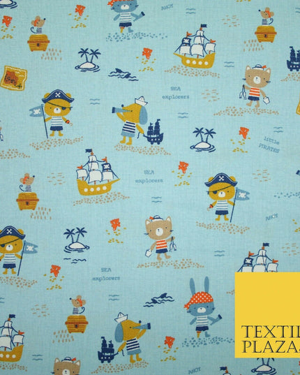 Fun Kids Ahoy Animal Pirates Printed 100% ORGANIC COTTON POPLIN Fabric 3 COLOURS