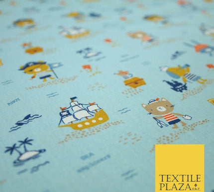 Fun Kids Ahoy Animal Pirates Printed 100% ORGANIC COTTON POPLIN Fabric 3 COLOURS