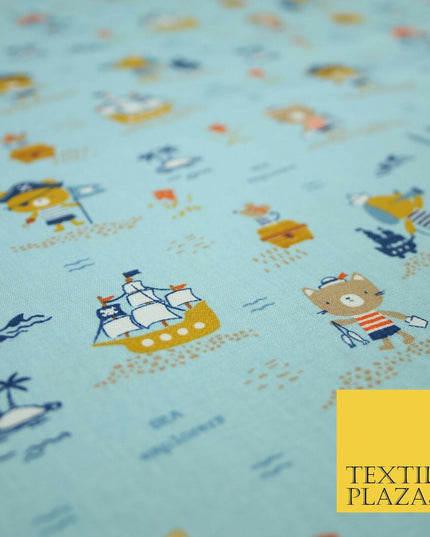 Fun Kids Ahoy Animal Pirates Printed 100% ORGANIC COTTON POPLIN Fabric 3 COLOURS