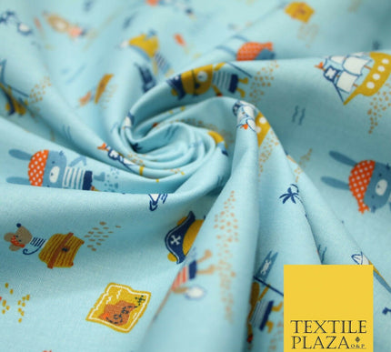 Fun Kids Ahoy Animal Pirates Printed 100% ORGANIC COTTON POPLIN Fabric 3 COLOURS