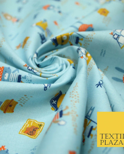 Fun Kids Ahoy Animal Pirates Printed 100% ORGANIC COTTON POPLIN Fabric 3 COLOURS