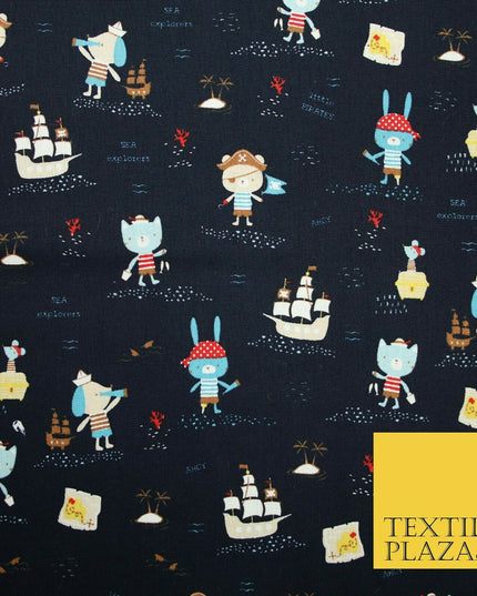 Fun Kids Ahoy Animal Pirates Printed 100% ORGANIC COTTON POPLIN Fabric 3 COLOURS