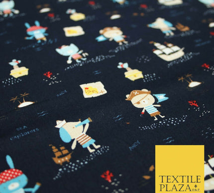 Fun Kids Ahoy Animal Pirates Printed 100% ORGANIC COTTON POPLIN Fabric 3 COLOURS