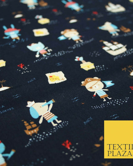 Fun Kids Ahoy Animal Pirates Printed 100% ORGANIC COTTON POPLIN Fabric 3 COLOURS