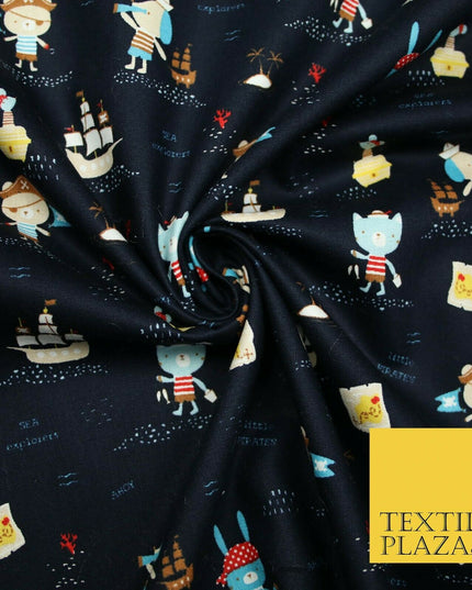 Fun Kids Ahoy Animal Pirates Printed 100% ORGANIC COTTON POPLIN Fabric 3 COLOURS