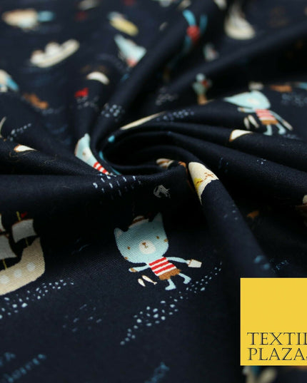 Fun Kids Ahoy Animal Pirates Printed 100% ORGANIC COTTON POPLIN Fabric 3 COLOURS