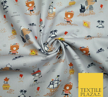 Fun Kids Ahoy Animal Pirates Printed 100% ORGANIC COTTON POPLIN Fabric 3 COLOURS